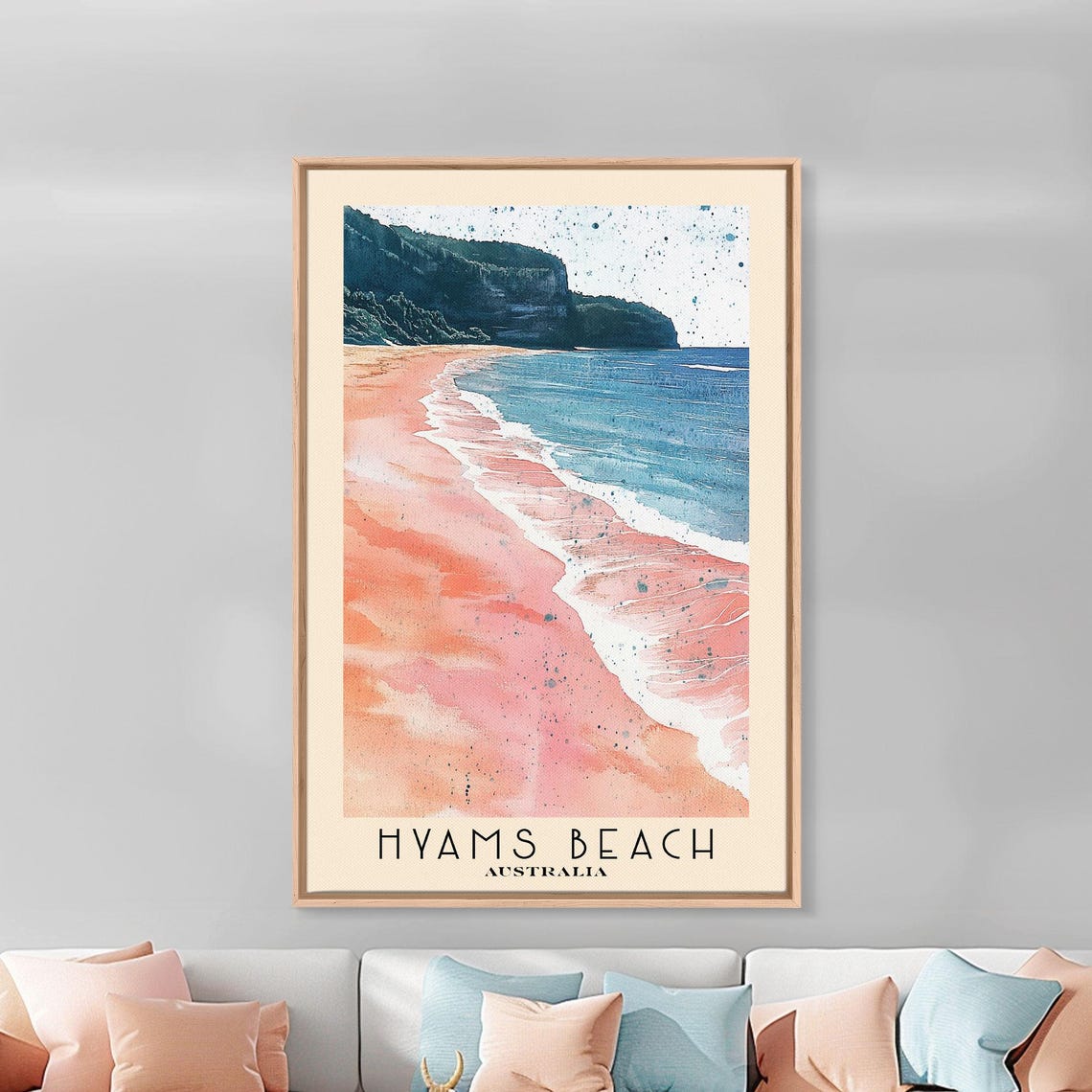 Hyams Beach Australia Pink Sand Headland Cliffs Watercolor Surf Poster - Image 3