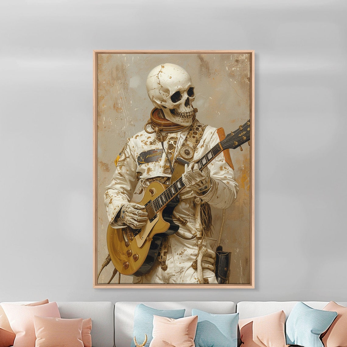 Skeleton Astronaut Playing Guitar Vintage Gothic Oil Painting Wall Art - Image 3