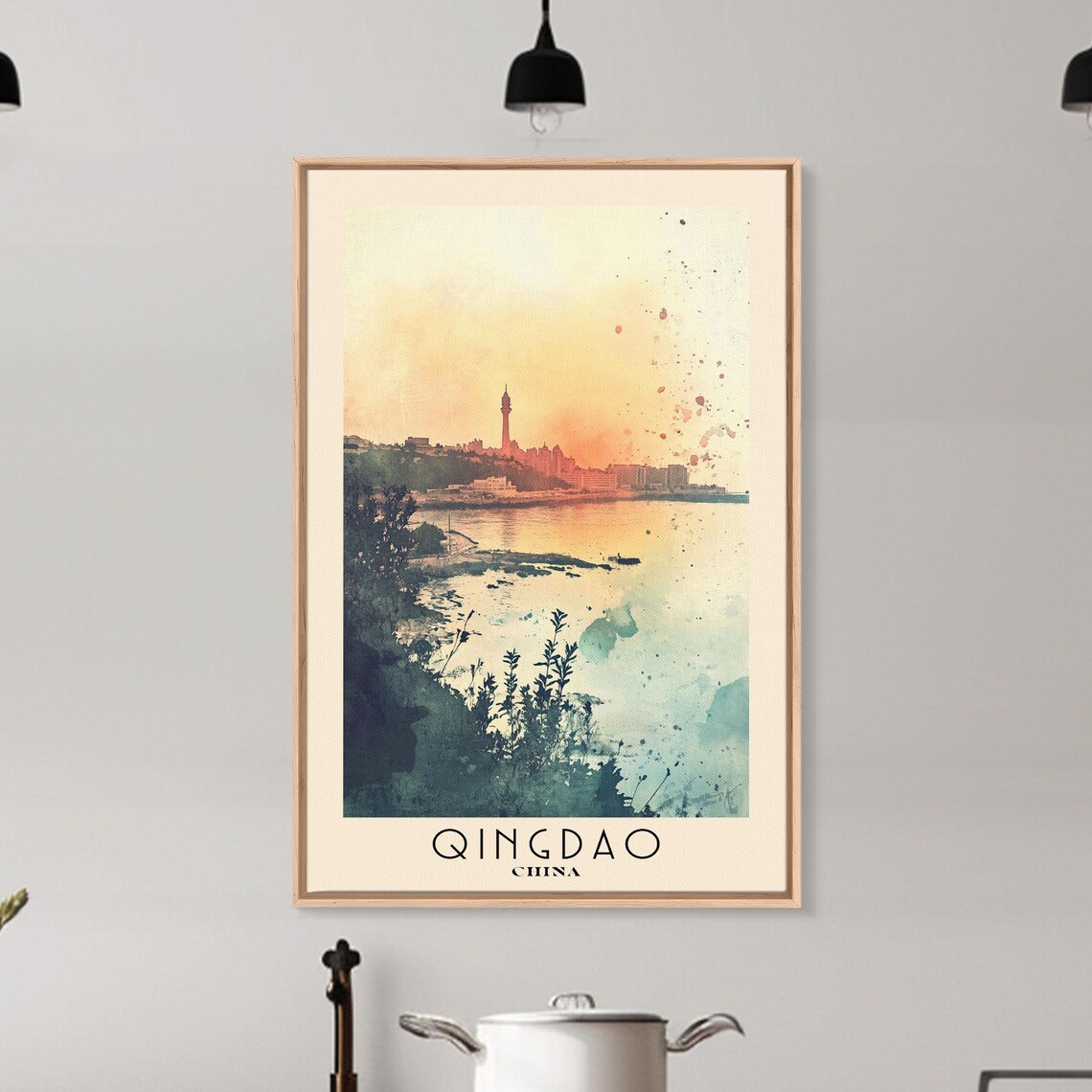 Qingdao China City Skyline Sunset Orange Sky Harbor Tower Coastal Watercolor Poster - Image 6