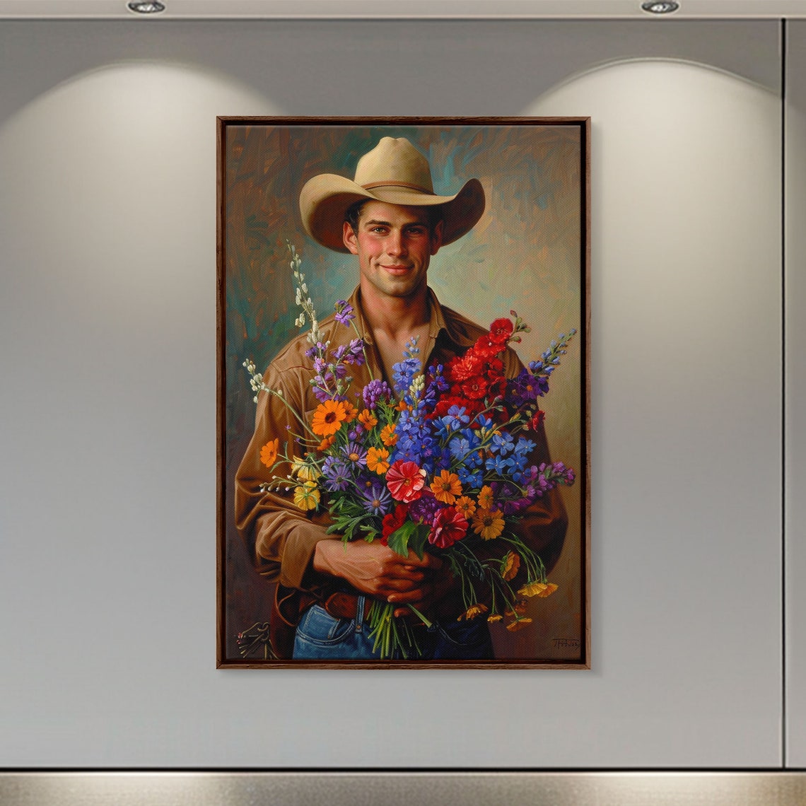 Handsome Cowboy Holding Wildflower Bouquet Western Art Poster - Image 4