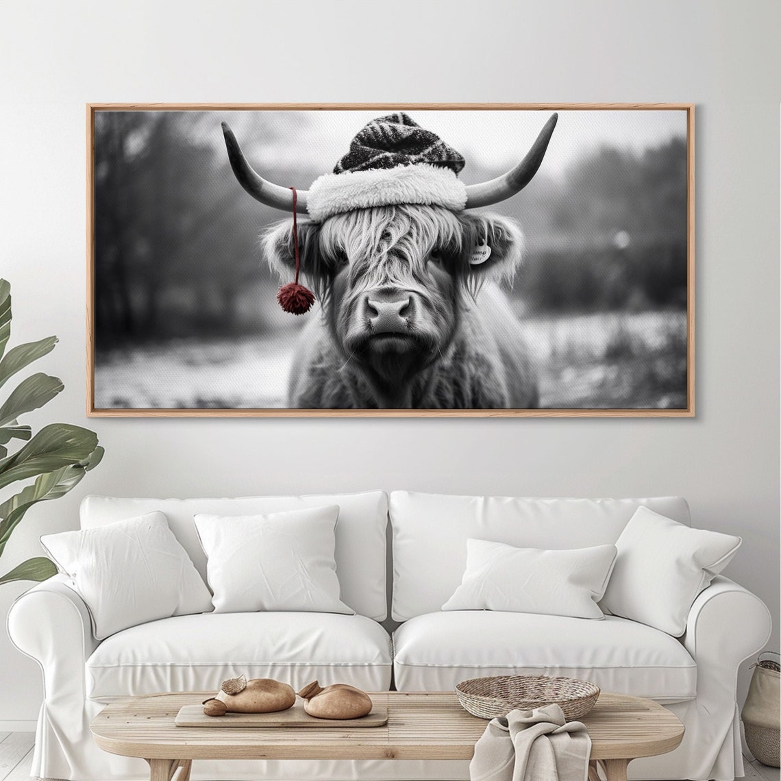 Highland Cow Wearing Santa Hat Festive Black White Holiday Print - Image 2