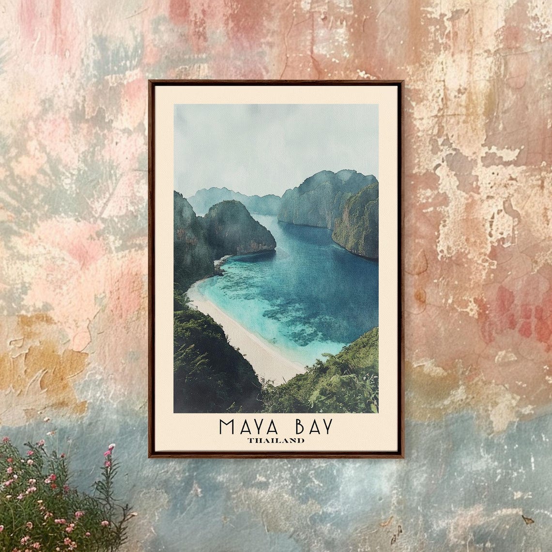 Maya Bay Thailand Limestone Cliffs Turquoise Lagoon Watercolor Poster