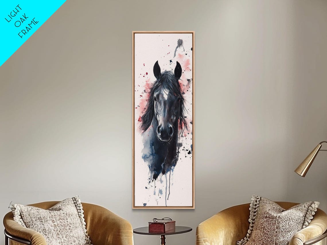 Black Horse Head Watercolor Pink Splash Romantic Vertical Art Poster - Image 3