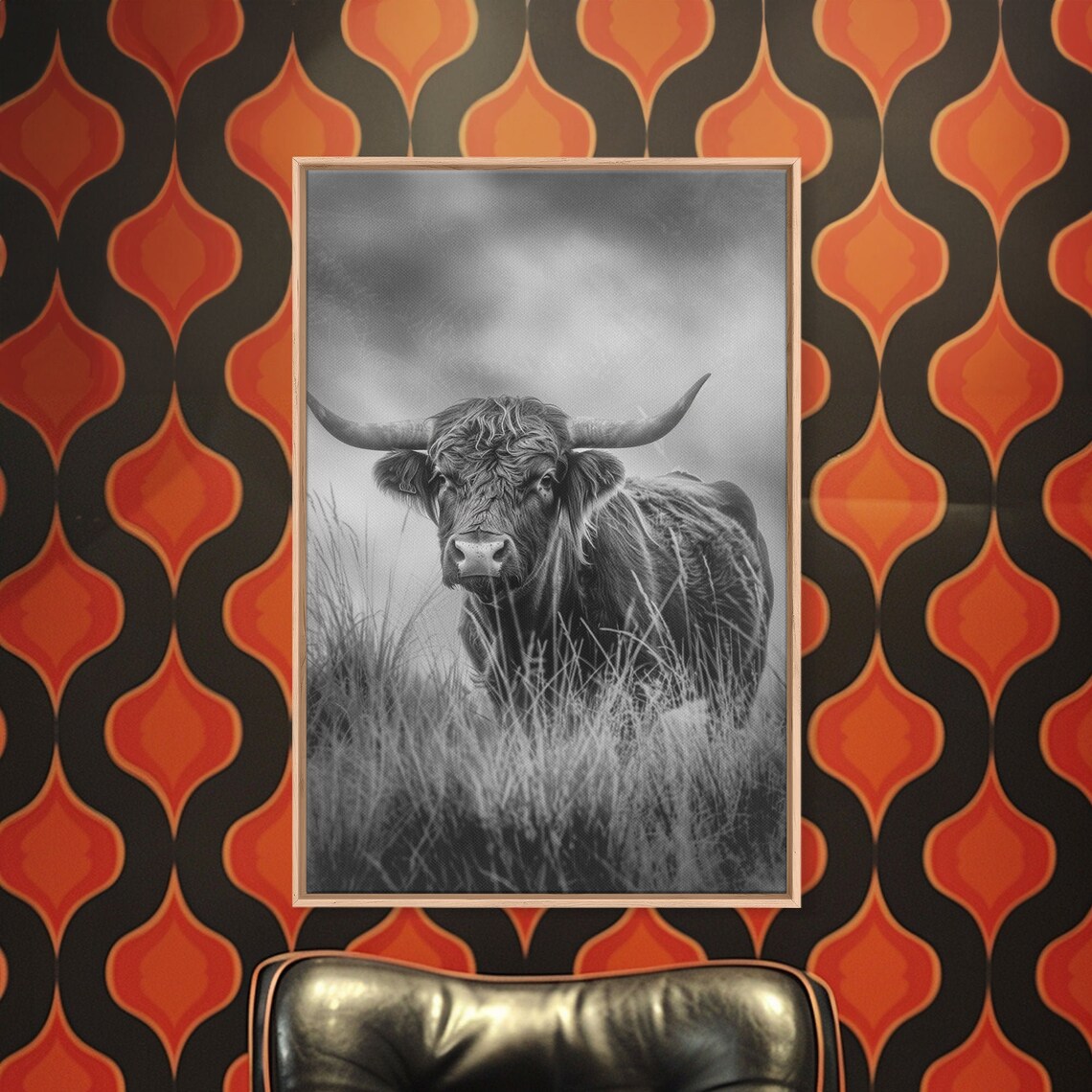 Black And White Highland Cow Misty Meadow Longhorn Cattle Art Poster - Image 4