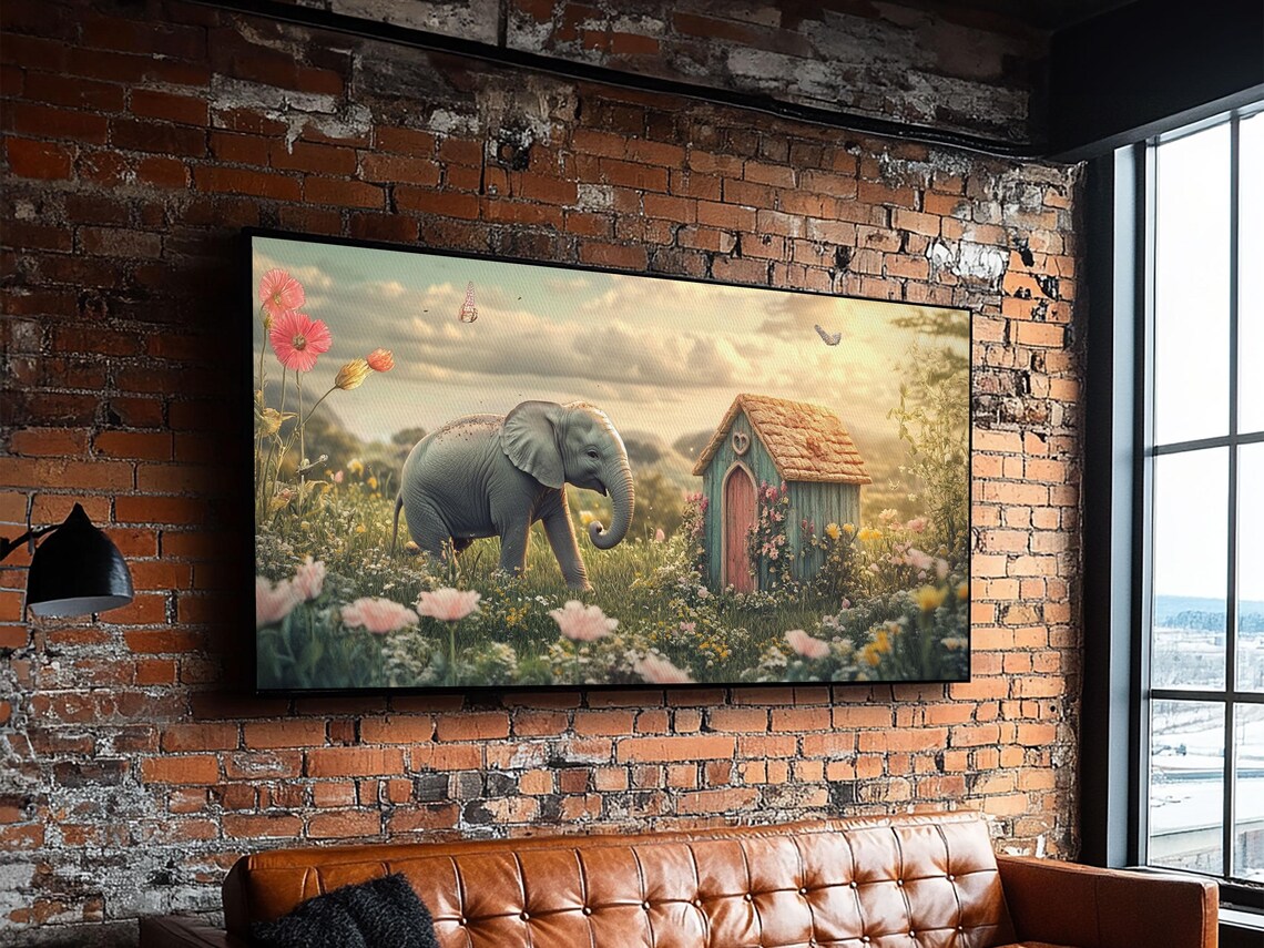 Baby Elephant Flower Meadow Cottage Pastel Whimsical Nursery Wall Art Poster - Image 3