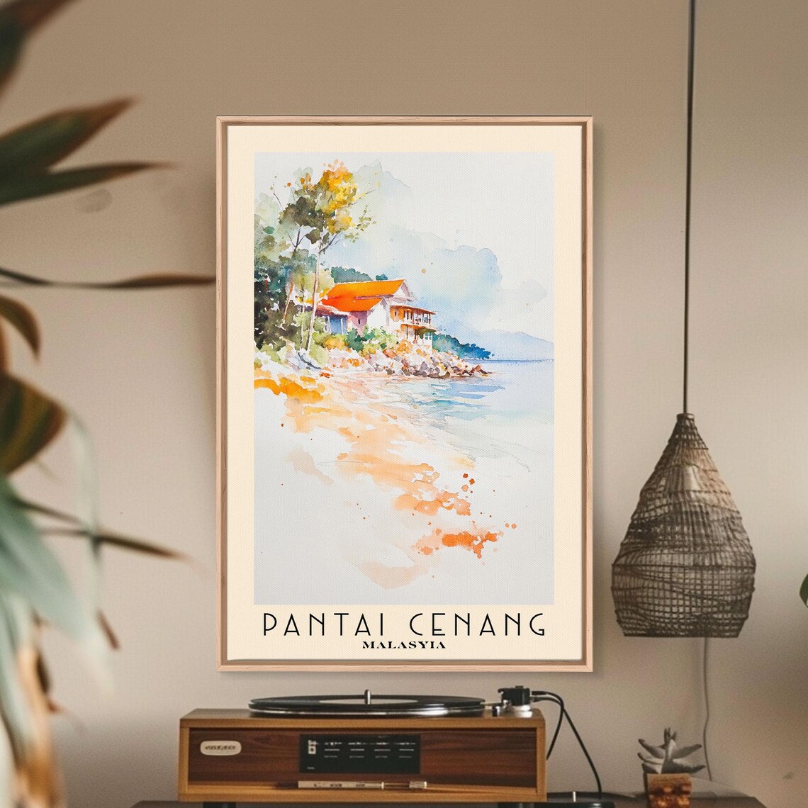 Pantai Cenang Malaysia Red Roof Beach House Watercolor Coastal Poster - Image 2