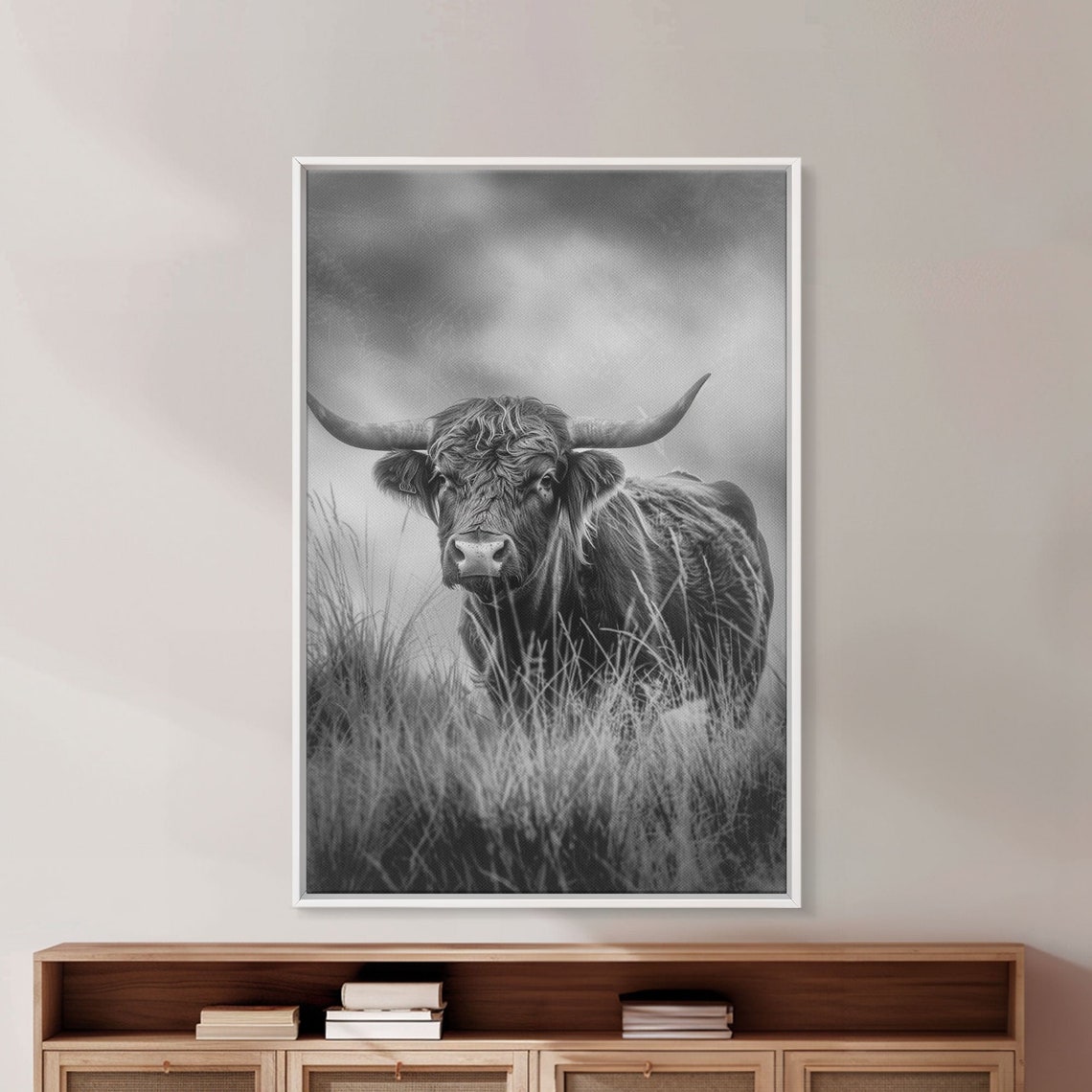 Black And White Highland Cow Misty Meadow Longhorn Cattle Art Poster - Image 3