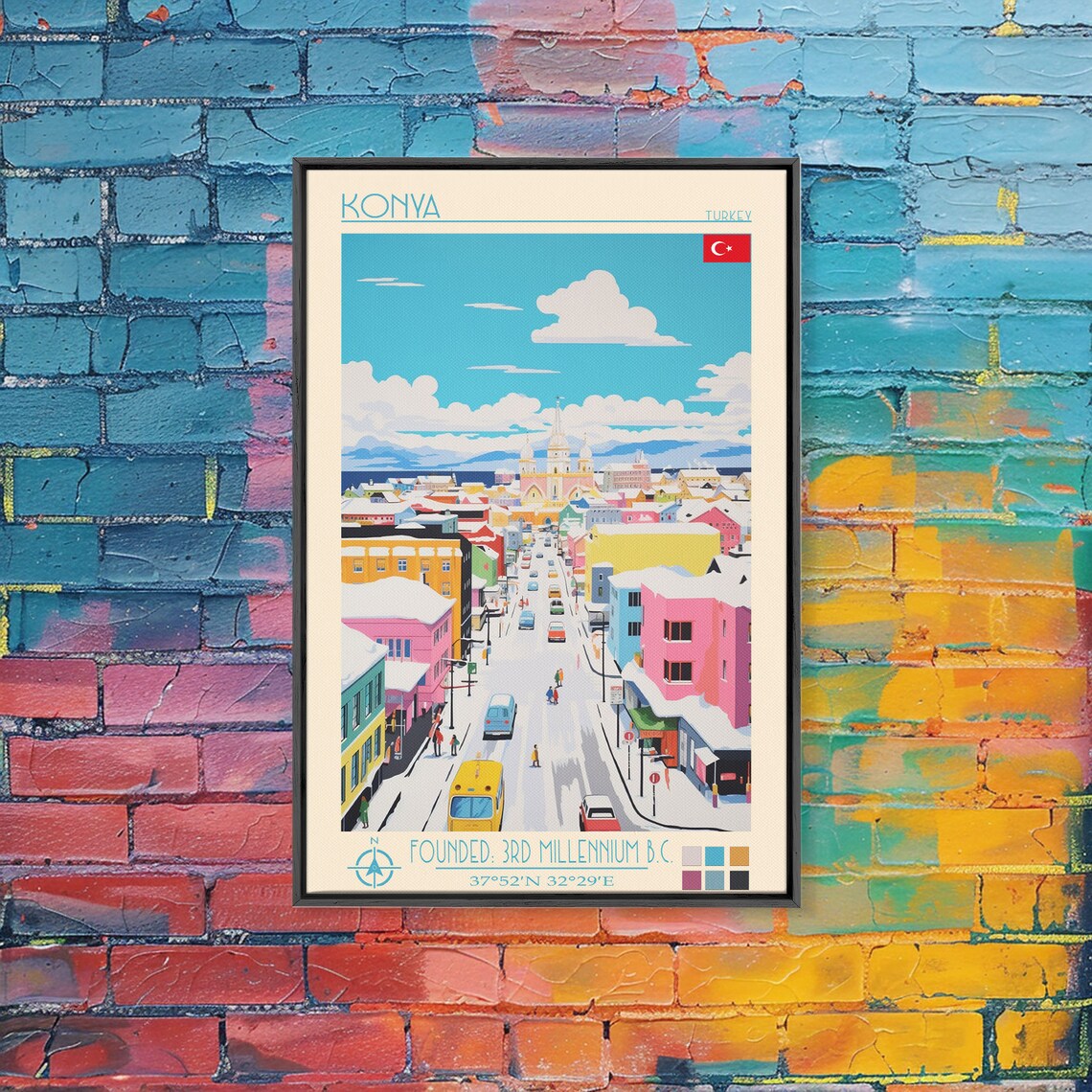 Konya Turkey Colorful Snowy Cityscape Mosque Domes Mountain Poster - Image 5