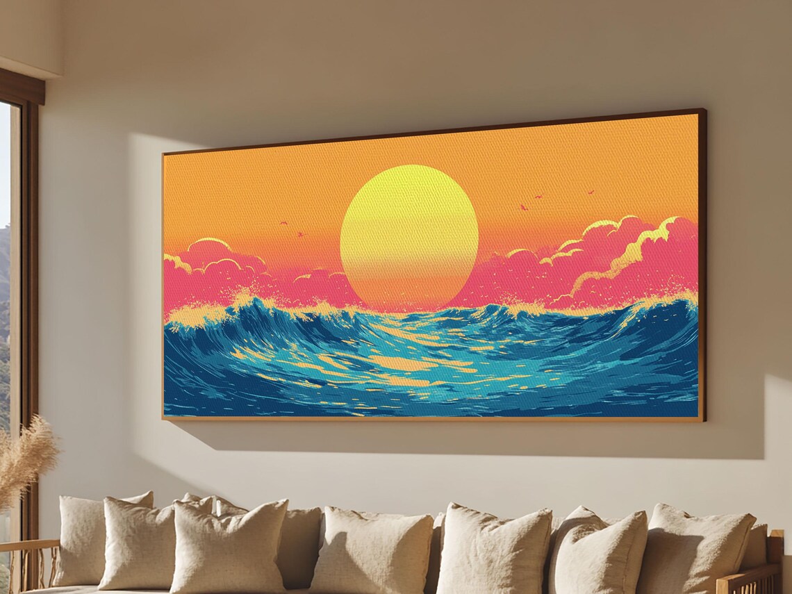 Retro Synthwave Sunset Over Ocean Waves Big Sun Colorful Beach Wall Poster - Image 3