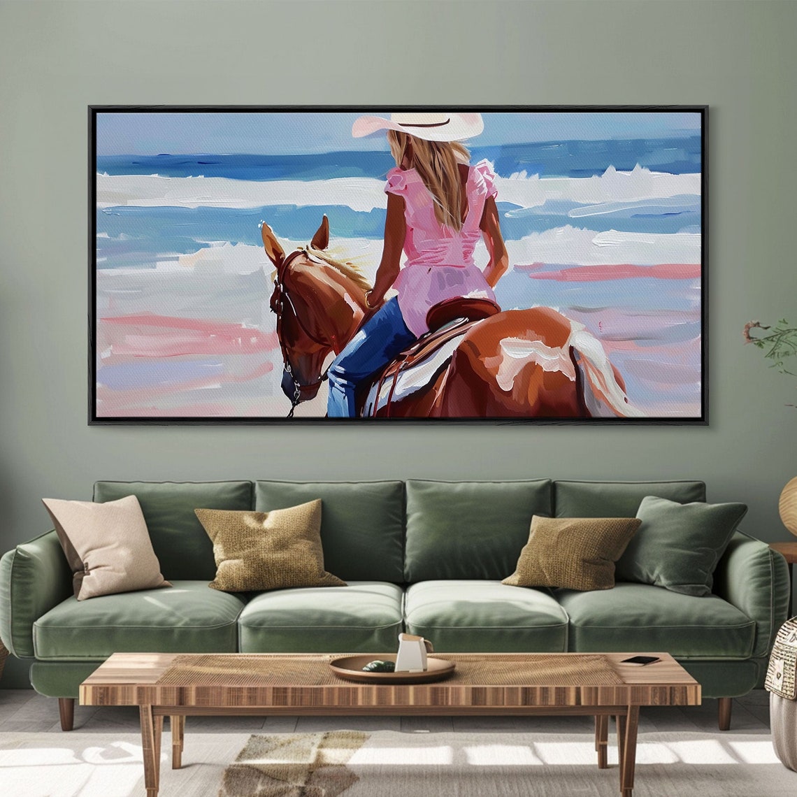 Cowgirl Riding Horse By The Ocean Tranquil Framed Print Perfect For Coastal Living Room Art Beach Bedroom Decor Horse Wall Art - Image 4