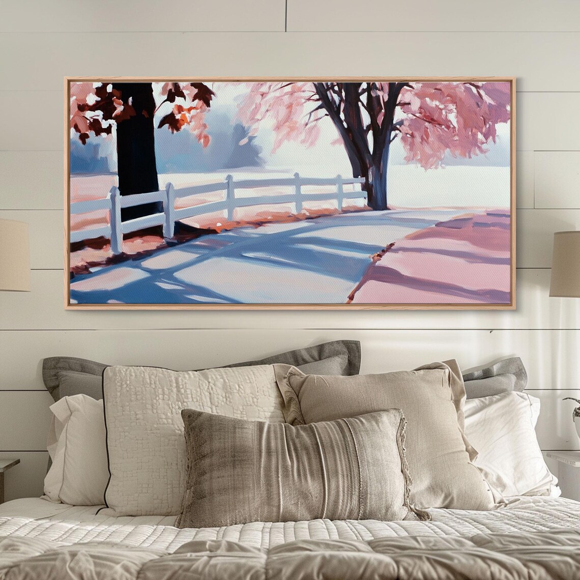 Snowy Farm Lane White Fence Pink Blossom Trees Winter Path Poster - Image 4