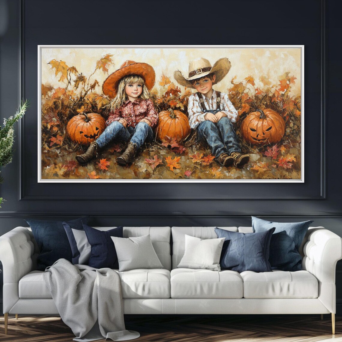 Two Cowboy Kids Sitting Among Pumpkins With Jack O Lantern Retro Fall Poster