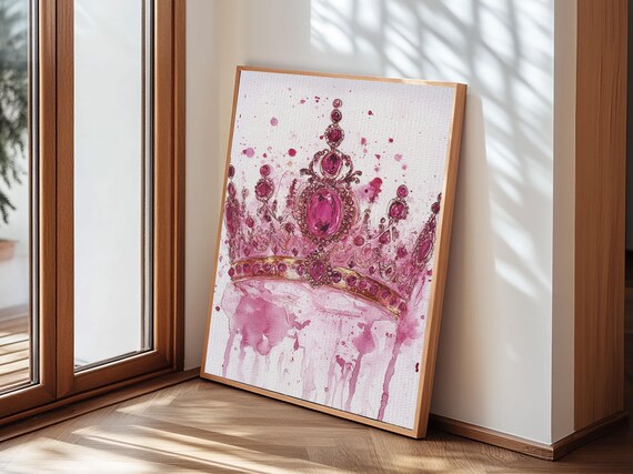 Regal Jeweled Crown Painting Featuring Framed Print Moody Art Pink Wall Art For Dorm Unique Goddess Art Print Decor