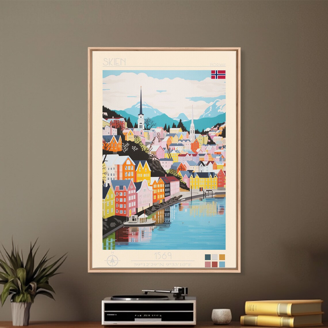 Skien Norway Harbor Colorful Houses Church Spires View Travel Poster - Image 5