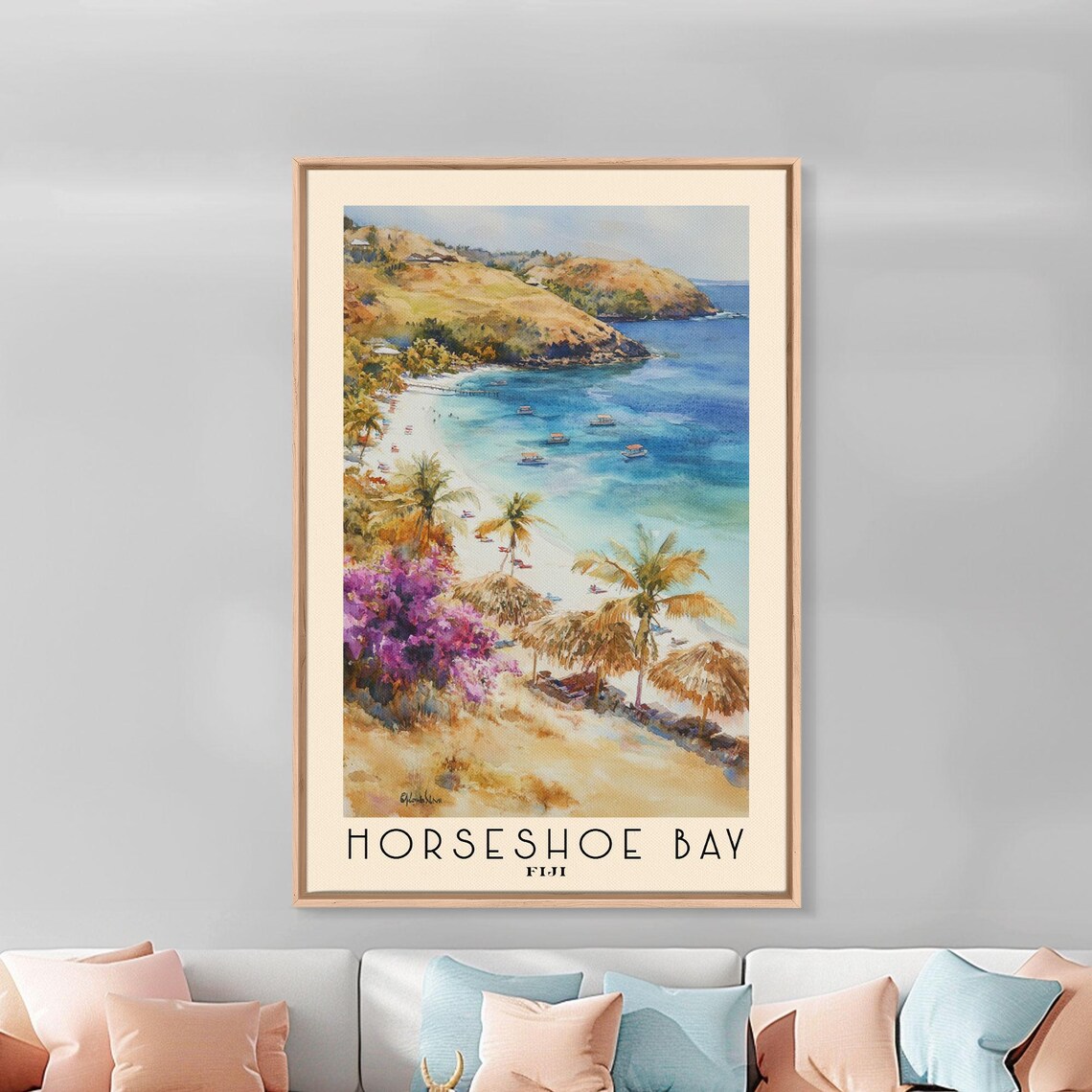 Horseshoe Bay Fiji Beach Palms Boats Bougainvillea Watercolor Poster - Image 3