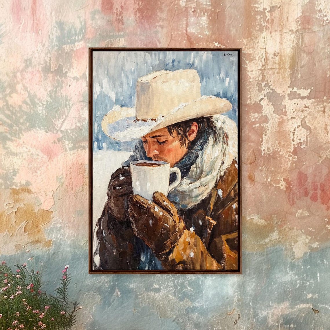 Cowboy Sipping Cocoa In Snow White Hat Gloves Framed Winter Art Poster - Image 4