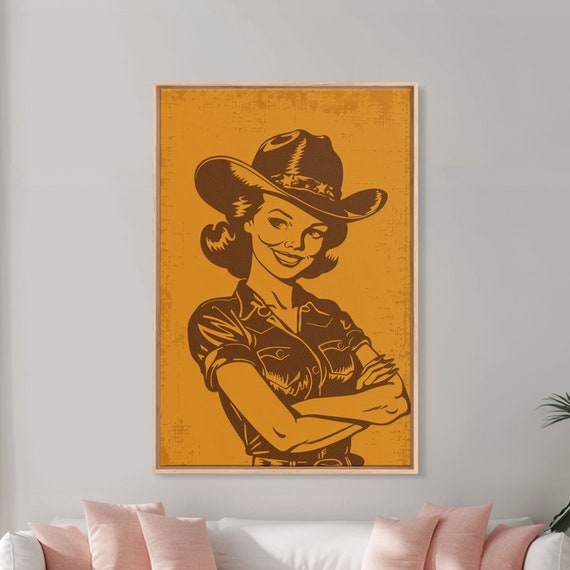 Retro Cowgirl Illustration In Yellow Framed Print Vintage Western Decor Classic Cowgirl Wall Art For Living Room