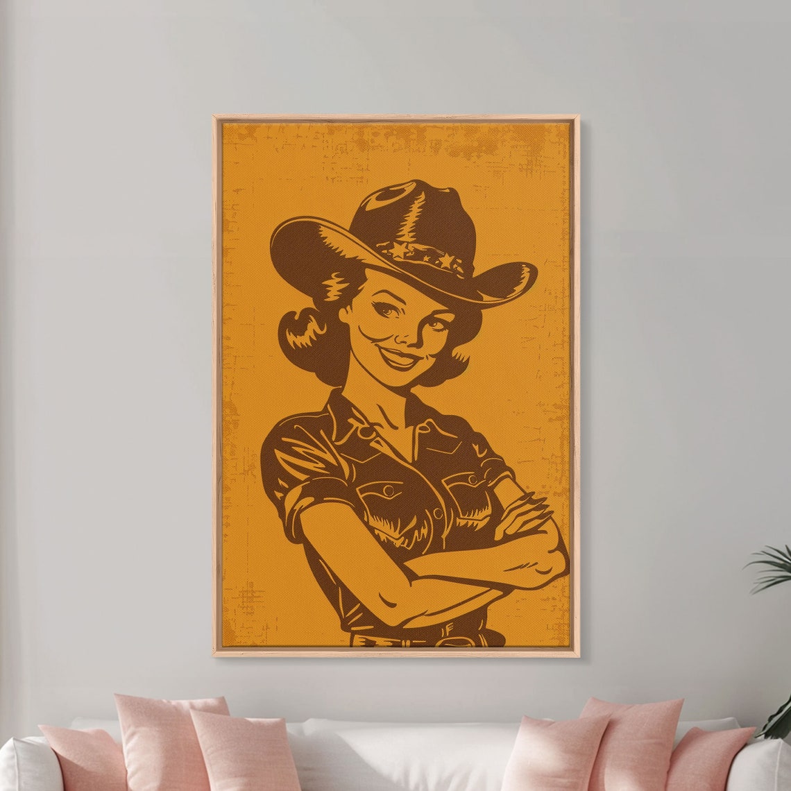Retro Cowgirl Illustration In Yellow Framed Print Vintage Western Decor Classic Cowgirl Wall Art For Living Room