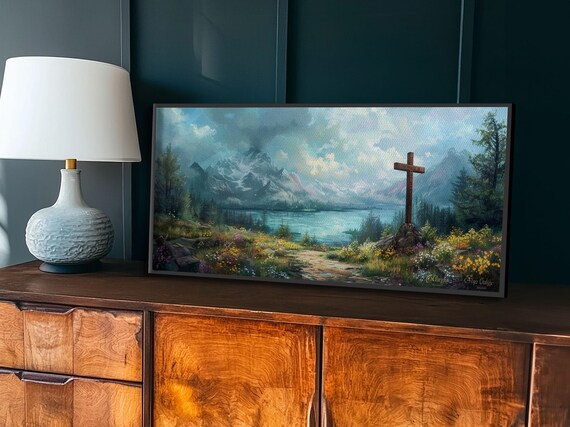 Wooden Cross In Mountain Lake Wildflower Meadow Christian Faith Wall Poster