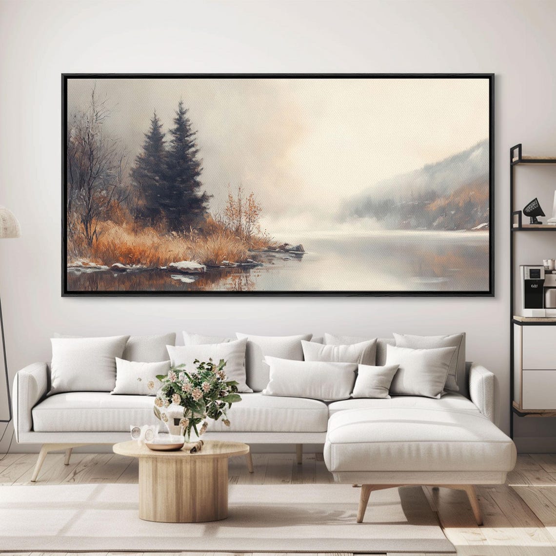 Fall On The River Watercolor Misty Banks Pines Still Water Poster - Image 4