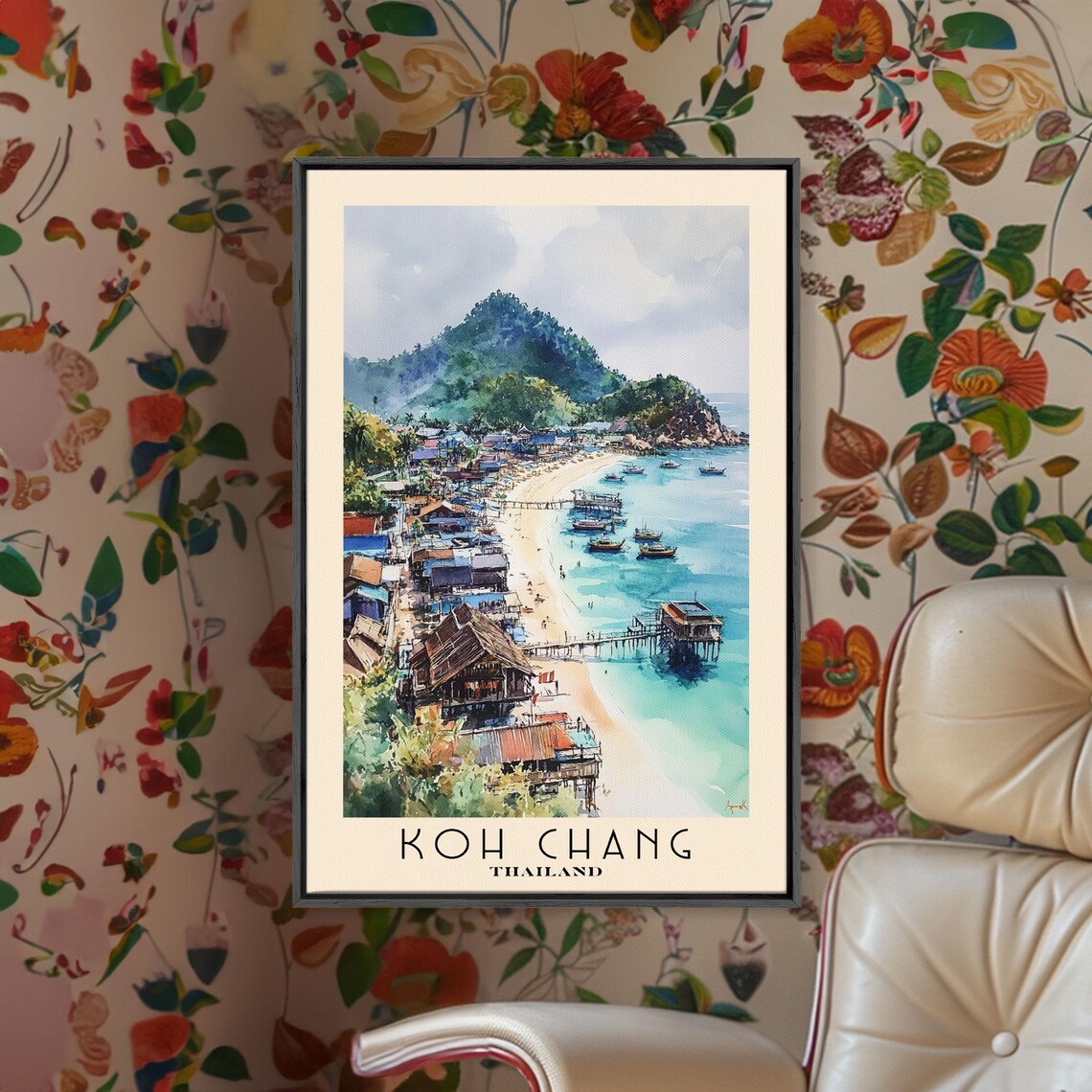 Koh Chang Thailand Fishing Village Pier Boats Mountain Watercolor Poster - Image 2