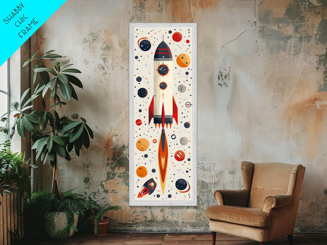 Retro Atomic Age Rocket Ship With Planets And Stars Nursery Art Poster - Image 2