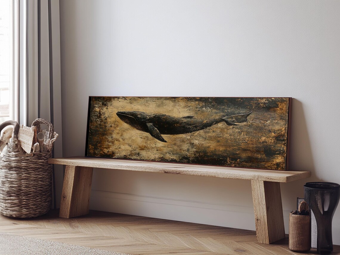 Dark Moody Whale Swimming Panoramic Oil Painting Nautical Wall Poster - Image 3