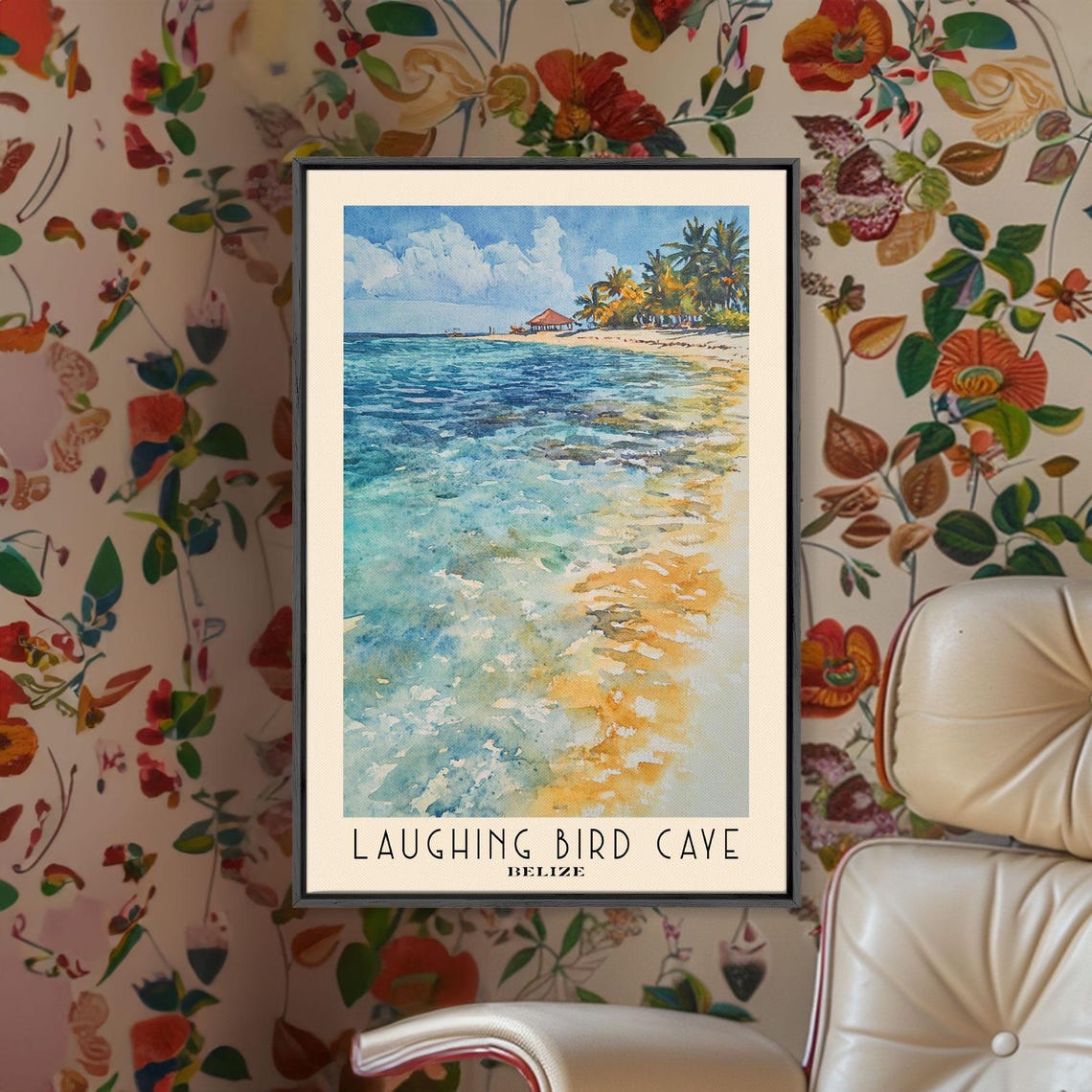 Laughing Bird Caye Belize Palm Lined Shore Beach Hut Watercolor Poster - Image 2