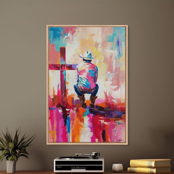 Abstract Cowboy With Cross In Bold Hues Framed Print Modern Western Decor Vibrant Cowboy Wall Art For Living Room Or Bedroom