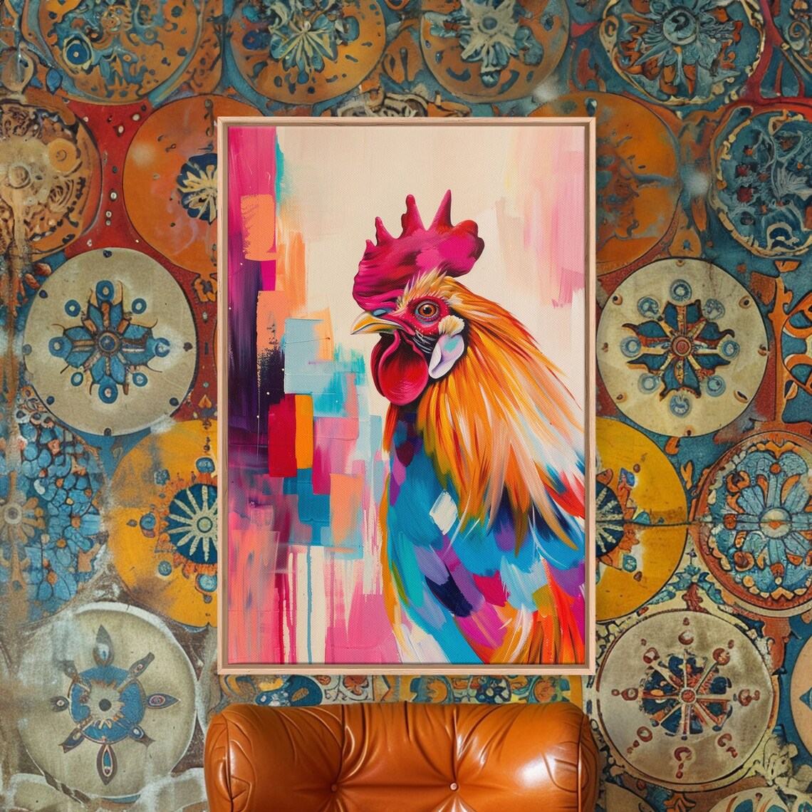 Colorful Rooster Portrait Abstract Pink Orange Farm Art Poster - Image 3