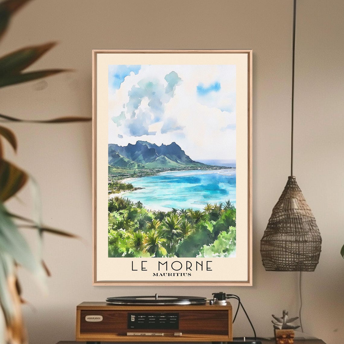Le Morne Mauritius Mountain Peak Turquoise Bay Palms Watercolor Poster