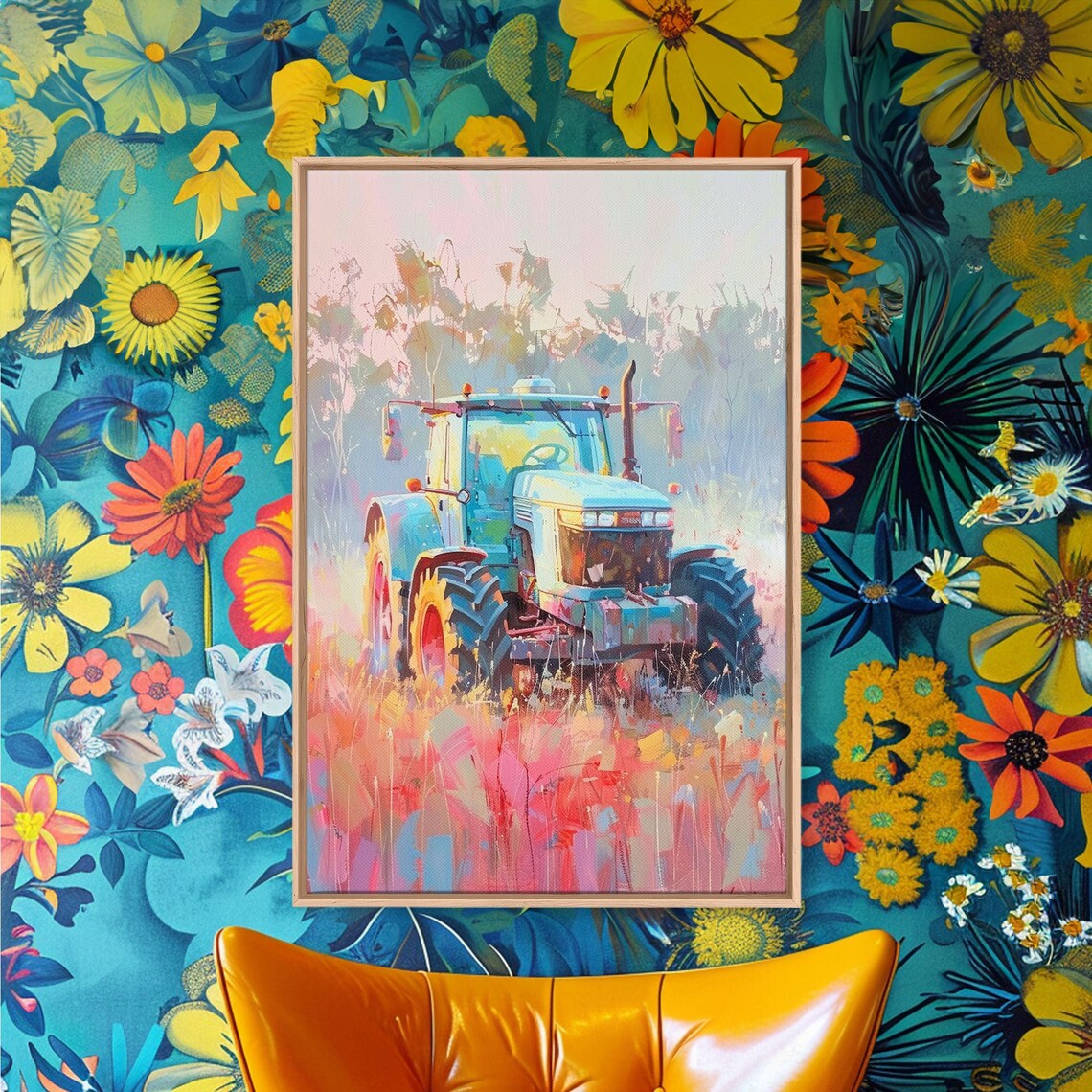 Tractor In A Colorful Meadow At Sunrise Pastel Farm Landscape Poster - Image 3