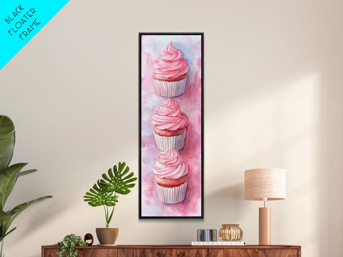 Three Pink Frosted Cupcakes Watercolor Sweet Kitchen Dessert Wall Art - Image 2