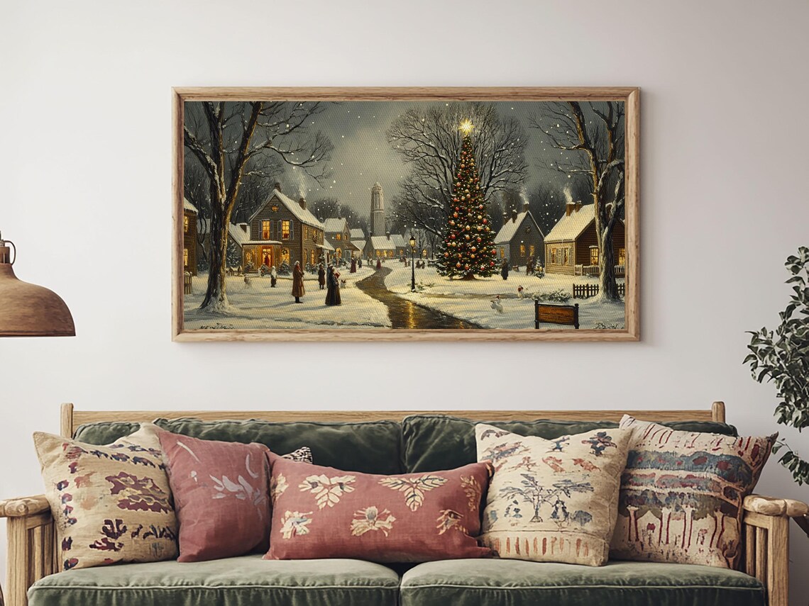 Christmas Sceneary Wall Art Framed Print Winter Wall Art Christmas Village Painting Victorian Christmas Oil Painting Horizontal Art - Image 5
