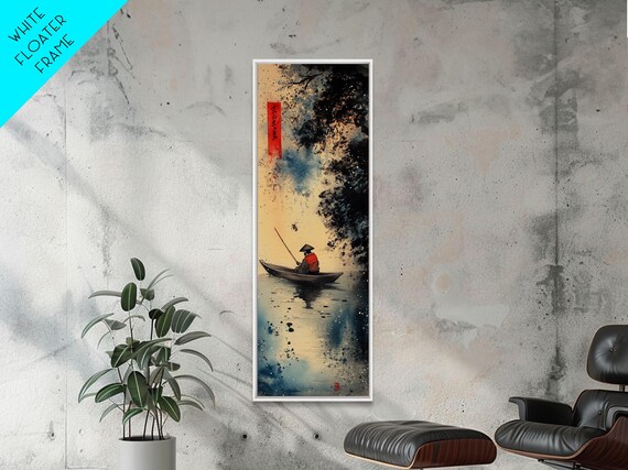 Japanese Fisherman Small Boat Misty Water Ink Wash Painting Style Poster
