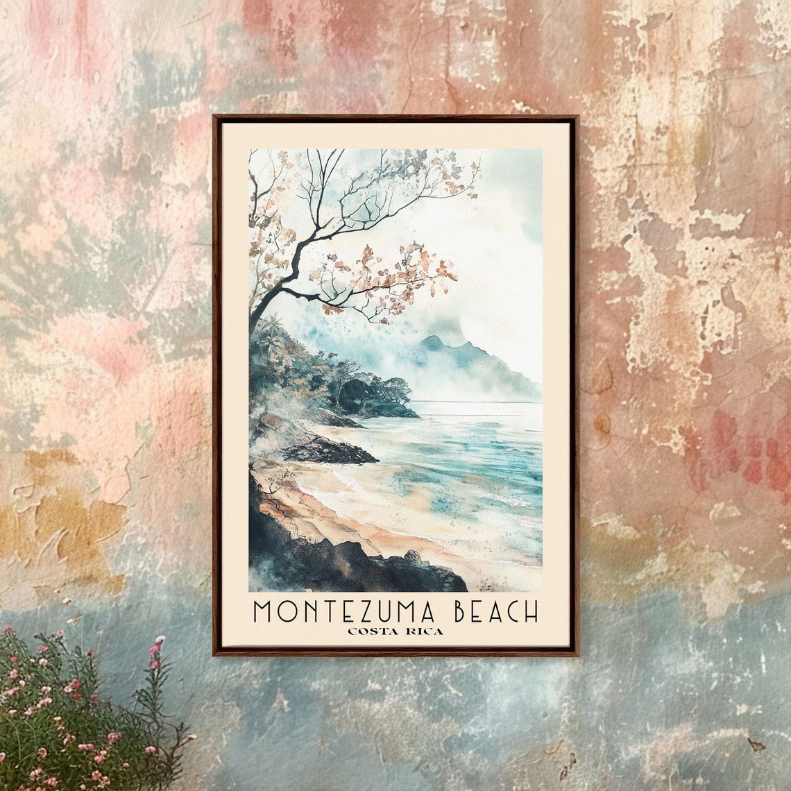 Montezuma Beach Costa Rica Misty Rocky Shore Watercolor Travel Poster