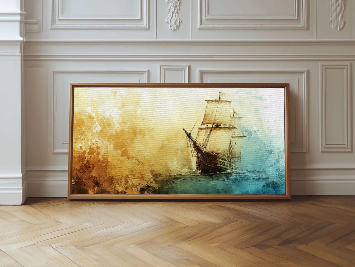 Abstract Pirate Ship Watercolor Golden Teal Ocean Wave Poster - Image 2