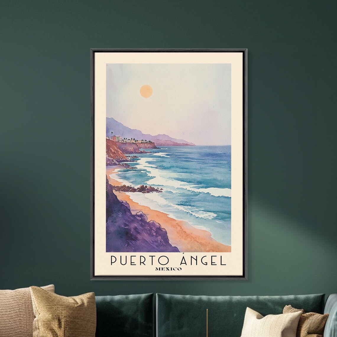 Puerto Angel Mexico Rocky Coastline Sunset Surf Headland Blue Ocean Watercolor Poster - Image 5
