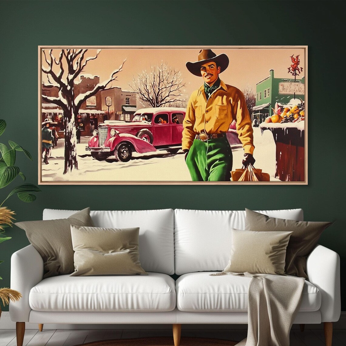 Retro 1950s Cowboy Strolling Snowy Small Town Street Christmas Poster