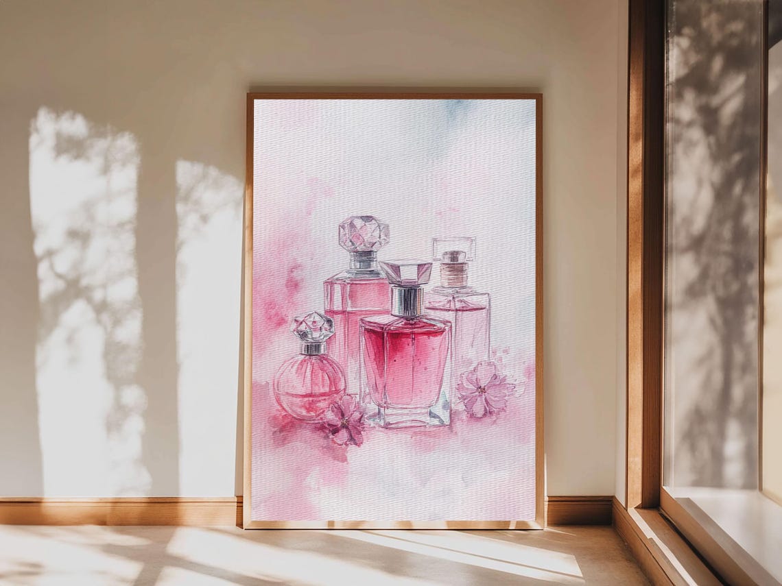 Pink Perfume Bottles Watercolor Feminine Vanity Glam Beauty Wall Art - Image 3