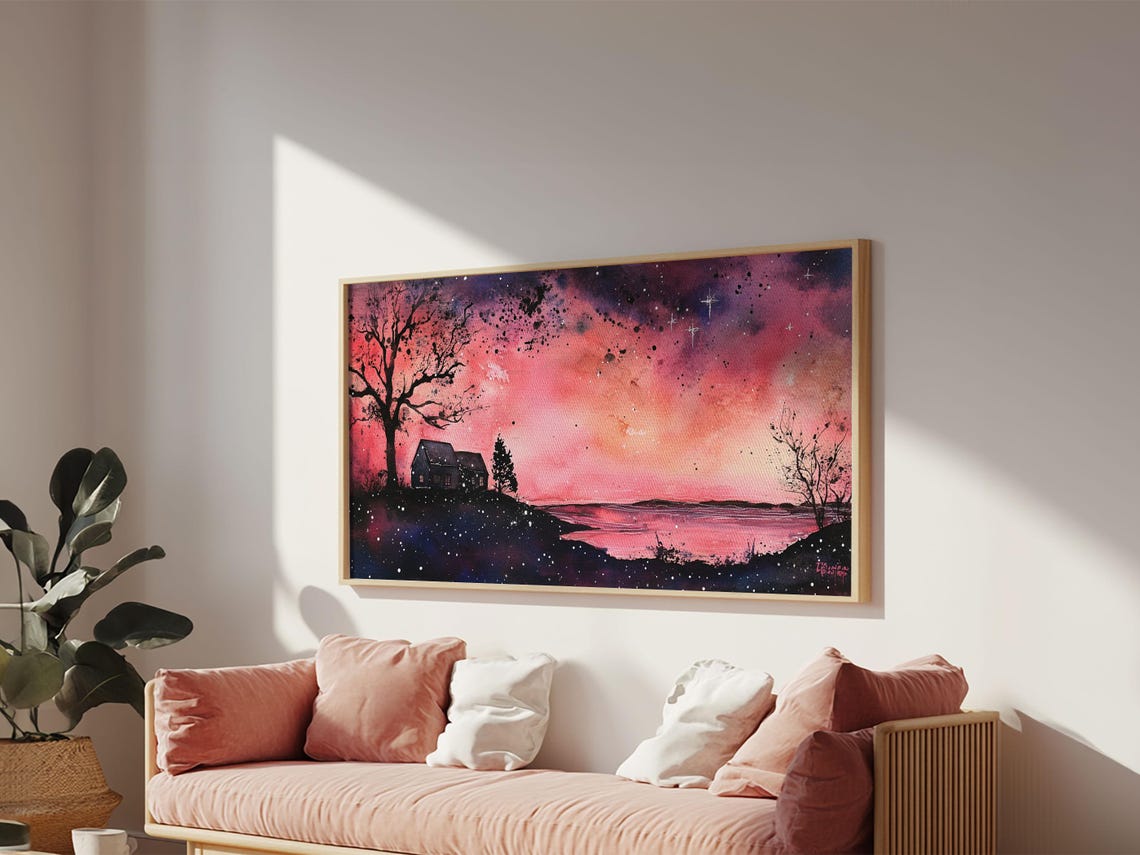 Moody Cottage Lake Dusk Pink Starry Sky Dark Romance Decor Poster - Image 5