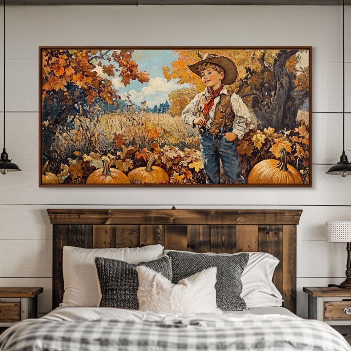 Vintage Little Cowboy With Red Bandana Among Pumpkins Fall Retro Poster - Image 3