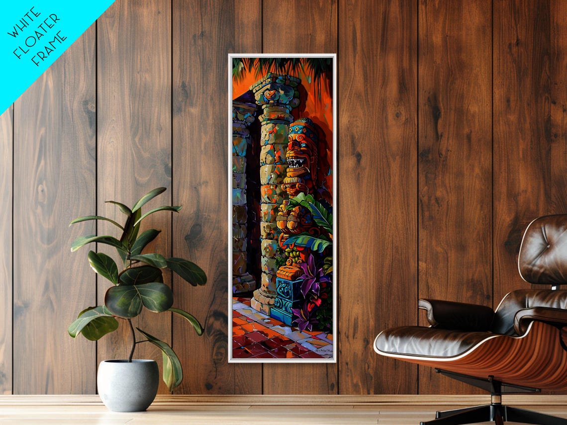 Colorful Tiki Totem Statue Tropical Sunset Courtyard Wall Art Poster