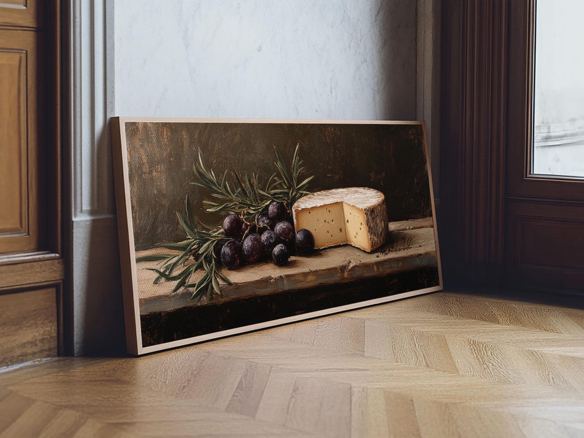 Cheese Wheel Figs Rosemary Rustic Table Vintage Oil Painting Print - Image 5