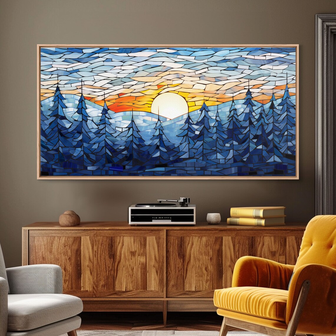 Stained Glass Winter Pines Sunset Blue Snowy Forest Painting Poster - Image 5