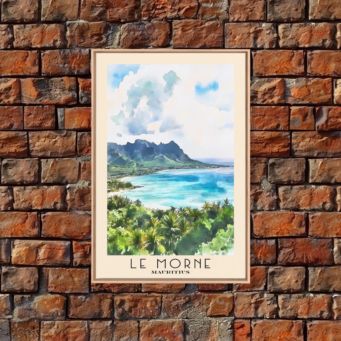 Le Morne Mauritius Mountain Peak Turquoise Bay Palms Watercolor Poster - Image 5