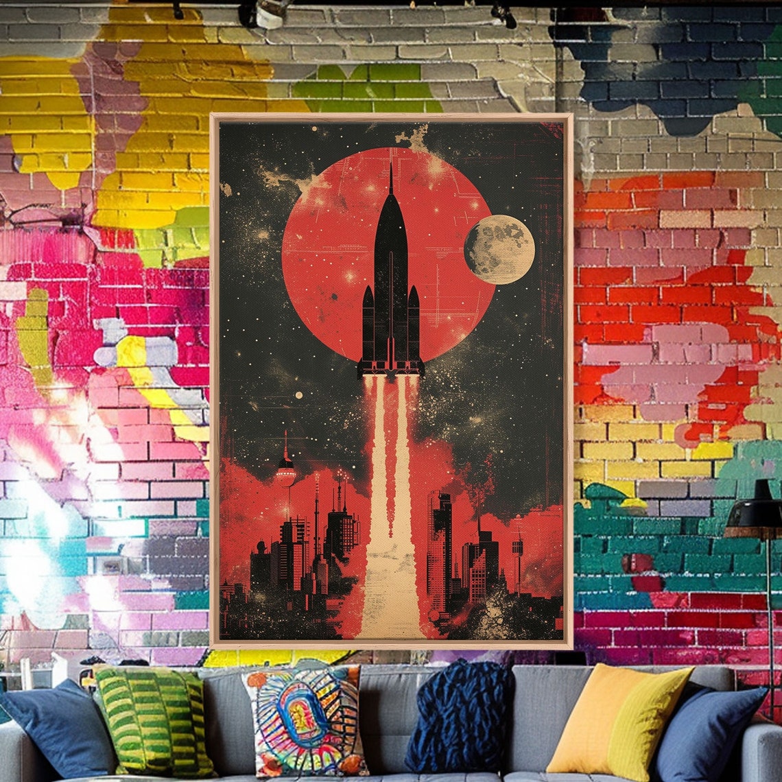 Retro Rocket Launch Night Poster Over Futuristic City with Red Moon - Image 3