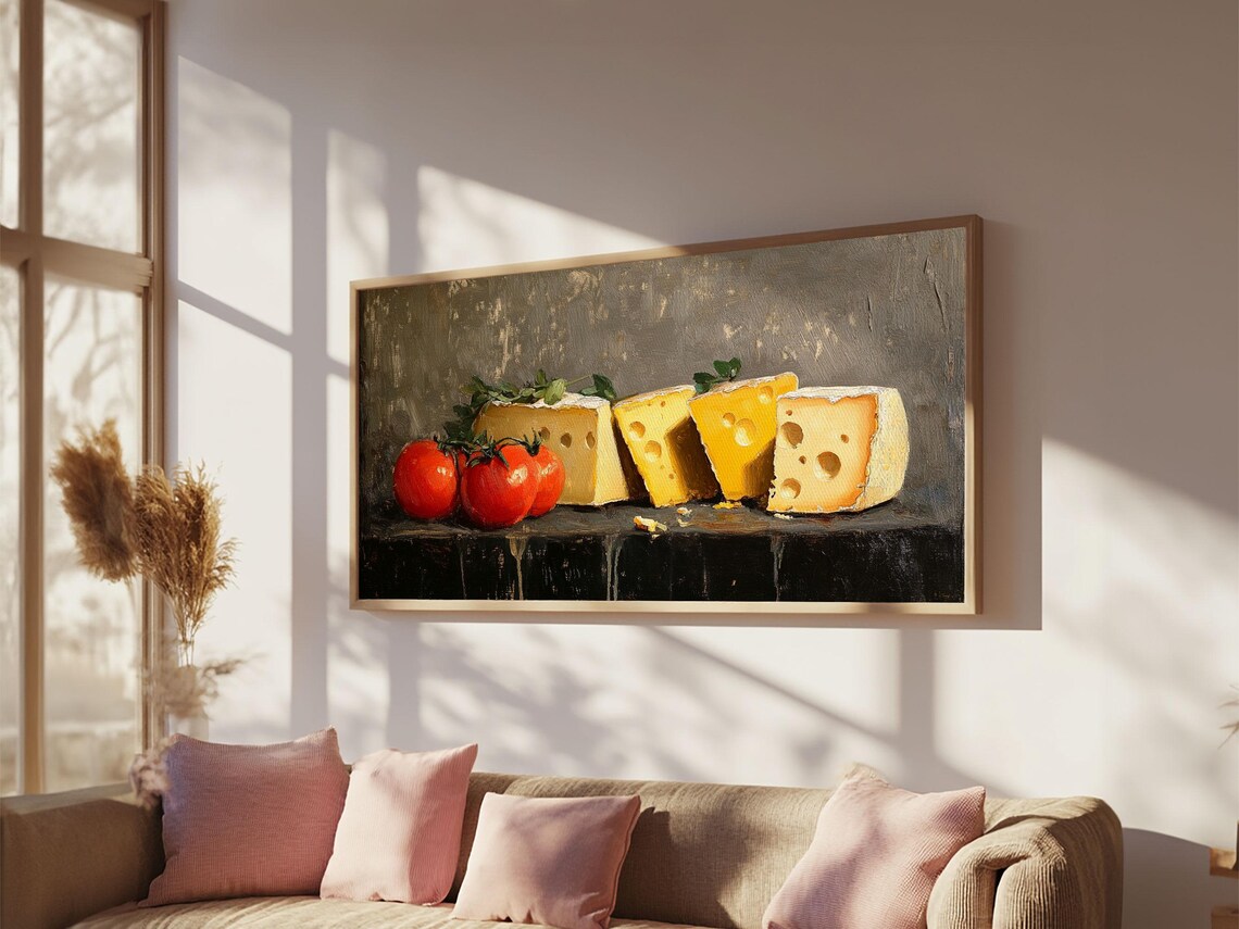 Swiss Cheese Tomatoes Still Life Classic Dark Oil Painting Art Print - Image 5