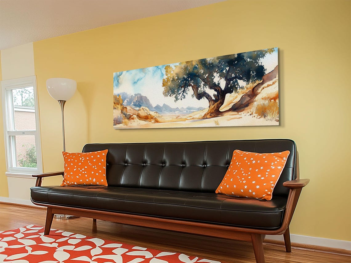 Desert Tree Rocky Hillside Watercolor Panoramic Minimalist Wall Poster