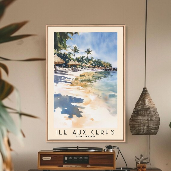 Ile aux Cerfs Mauritius Palm Beach Umbrellas Watercolor Island Poster